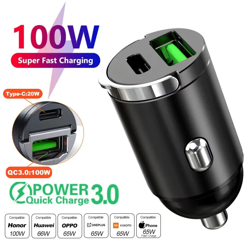 100W/200W QC3.0 PD Mini Car Charger 12-24V Lighter Fast Charging Car USB Type C