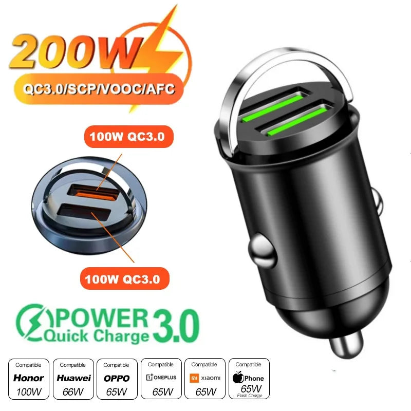 100W/200W QC3.0 PD Mini Car Charger 12-24V Lighter Fast Charging Car USB Type C