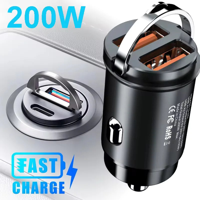 100W/200W QC3.0 PD Mini Car Charger 12-24V Lighter Fast Charging Car USB Type C