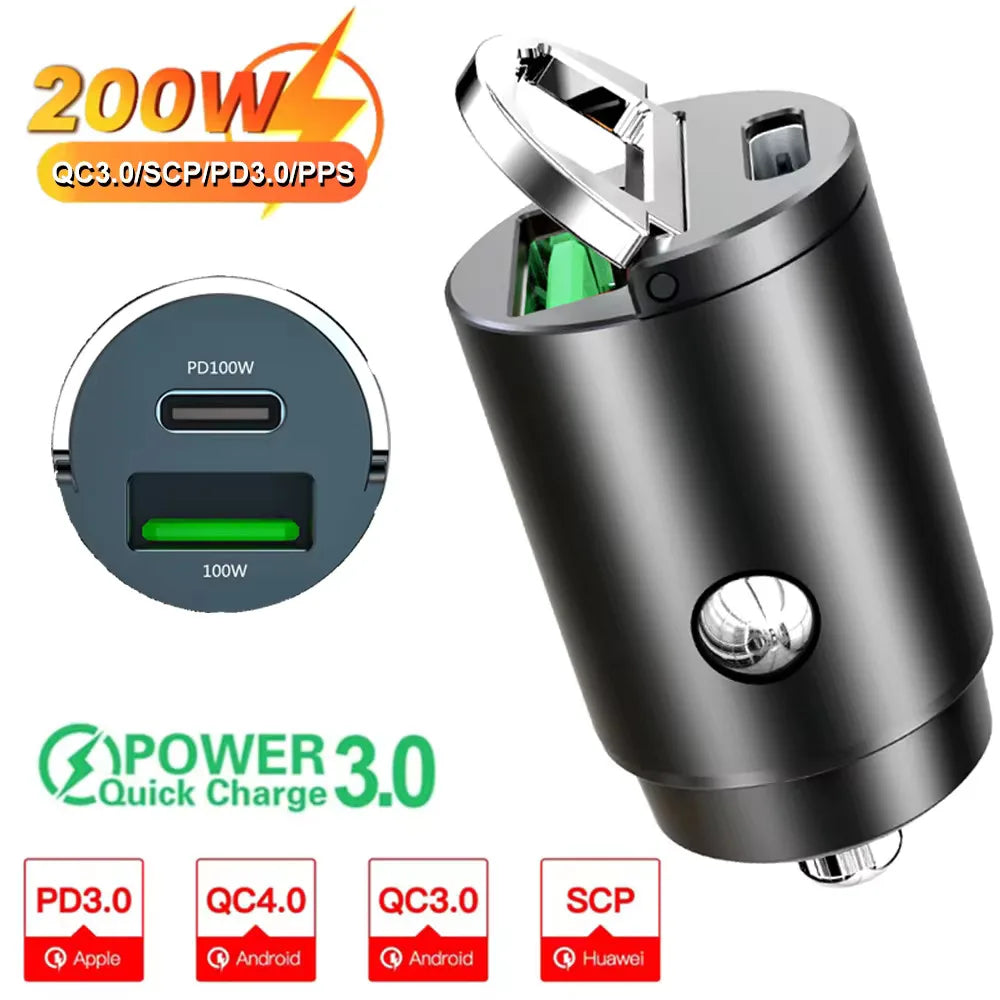 100W/200W QC3.0 PD Mini Car Charger 12-24V Lighter Fast Charging Car USB Type C